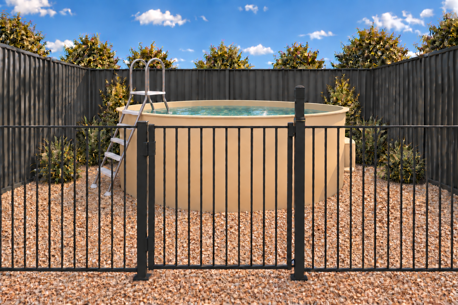 DIPR pool package components including fence, gate, pool filter equipment, shell, ladder and light
